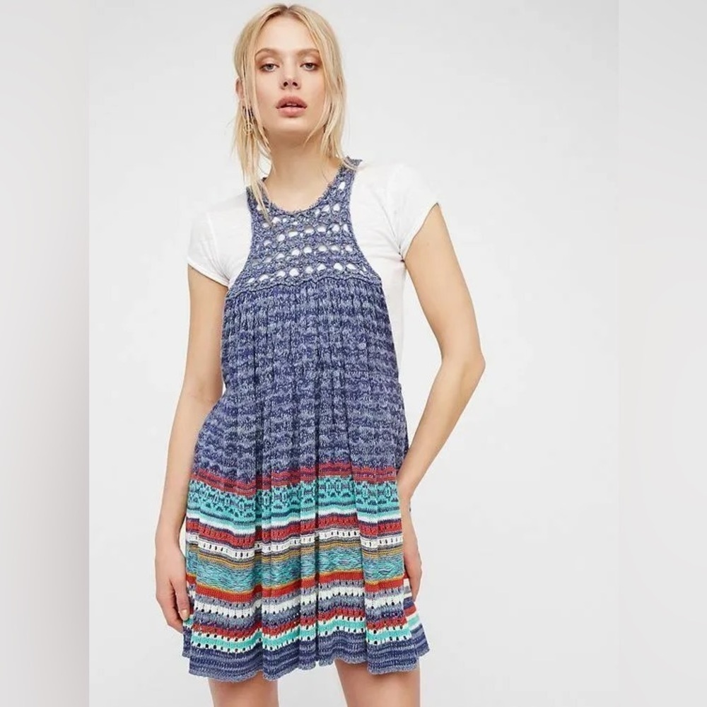 NWT Free People Rare Hearts Tunic Blue Knit Dress Colourful Boho Stripe OB561925
